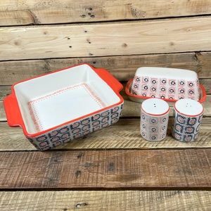 Threshold Stoneware Floral Boho Baking Dish Butter Tray Salt Pepper Shakers Set